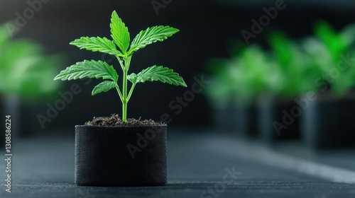 Hopeful Seedling: A vibrant green cannabis seedling sprouts from rich soil in a modern square pot, with a blurred backdrop of similar plants, evoking themes of growth, potential, and the future.