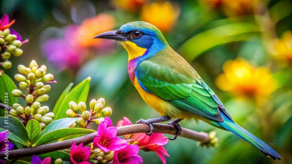 Vibrant Rainbow-Colored Bird Perched on a Branch Amidst Blossoming Flowers in a Lush Garden Vibrant Rainbow-Colored Bird Perched on a Branch Amidst Blossoming Flowers in a Lush Garden