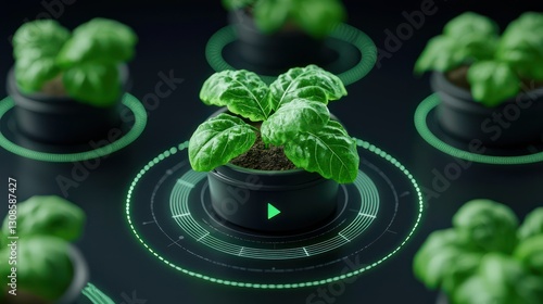 Innovative Indoor Gardening: A cutting-edge display showcasing the intersection of technology and nature, with a focus on the care of green plants and the growth of new life.