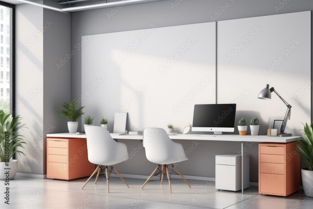 Fototapeta premium Modern office interior with workstation and pc, laptop in a spacious room with blank wall for mockup