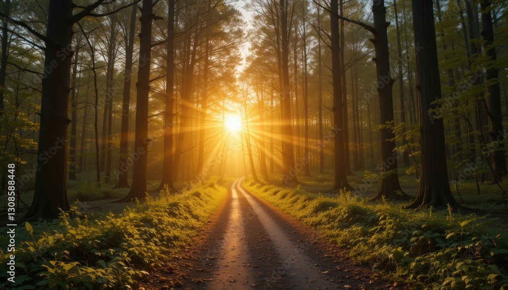 Fototapeta premium Sunrise path through enchanted forest nature photography peaceful setting landscape beauty of dawn