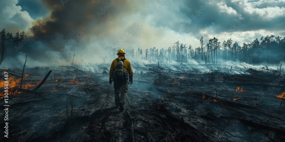 Firefighter walking through burning forest fighting wildfire Firefighter walking through burning forest fighting wildfire