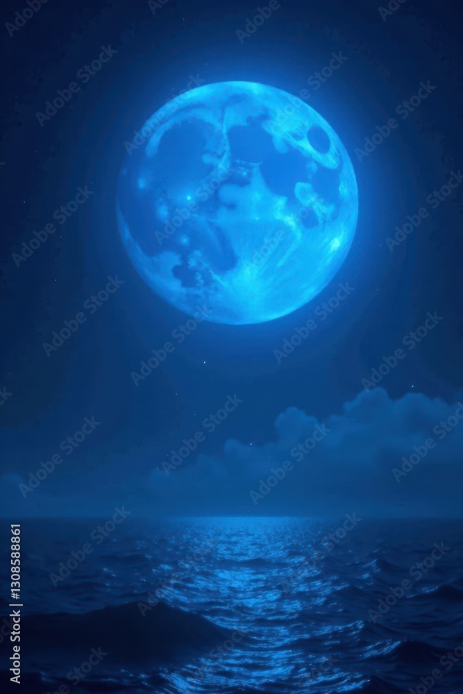 Fototapeta premium Vibrant blue supermoon, ethereal glow, dark backdrop , bright, background, celestial