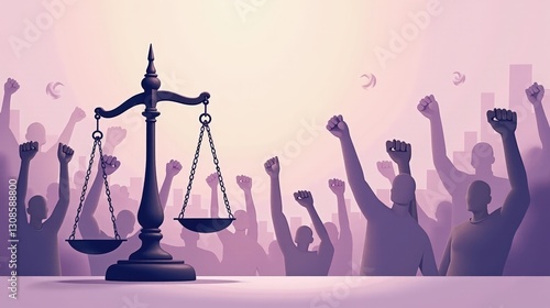 A stock illustration representing Immigration policy in Purple and soft beige, with smooth transitions, scales of justice, and raised fists. Visual hierarchy creates depth and complexity.