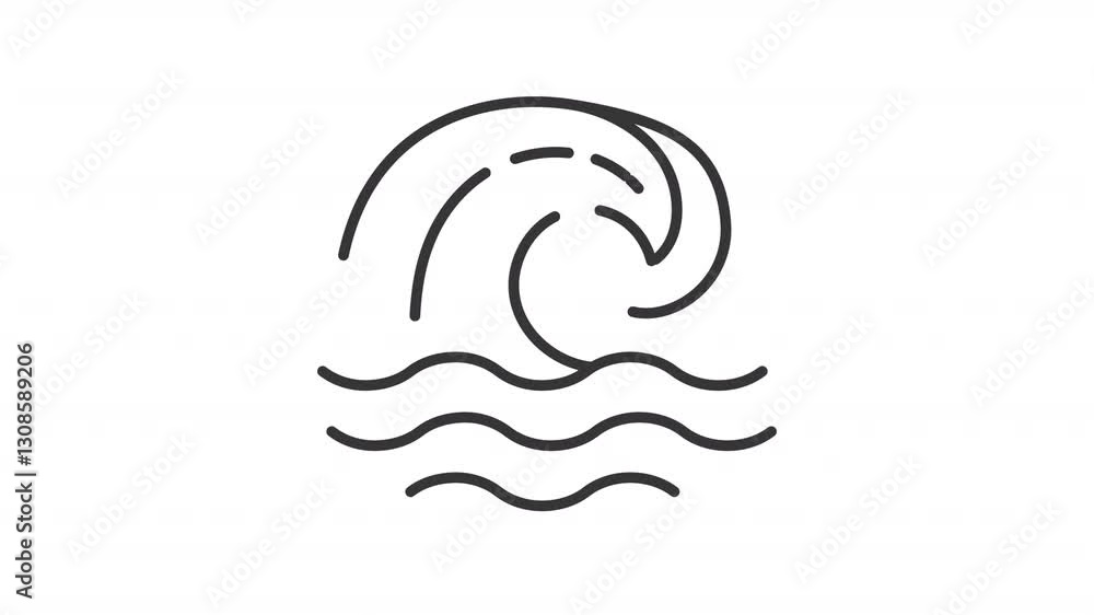 Wave line animation. Tsunami animated icon. Ocean current tides. Coastal and marine environments. Natural disaster. Black illustration on white background. HD video with alpha channel. Motion graphic