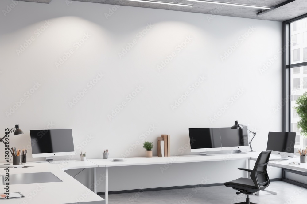 Fototapeta premium Modern office interior with workstation and large windows in a spacious room with blank wall for mockup