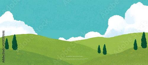Abstract Green Summer landscape background vector. Nature wallpaper of green field on mountain, flower, blue sky. Watercolor illustration for cover, banner, wall art, decoration.