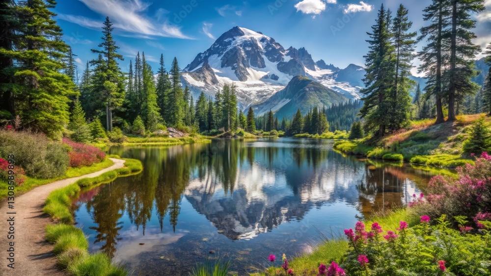 Serene mountain lake reflecting majestic peak, surrounded by vibrant wildflowers and lush evergreen forest, a tranquil path winds alongside the crystal-clear water. Serene mountain lake reflecting majestic peak, surrounded by vibrant wildflowers and lush evergreen forest, a tranquil path winds alongside the crystal-clear water.
