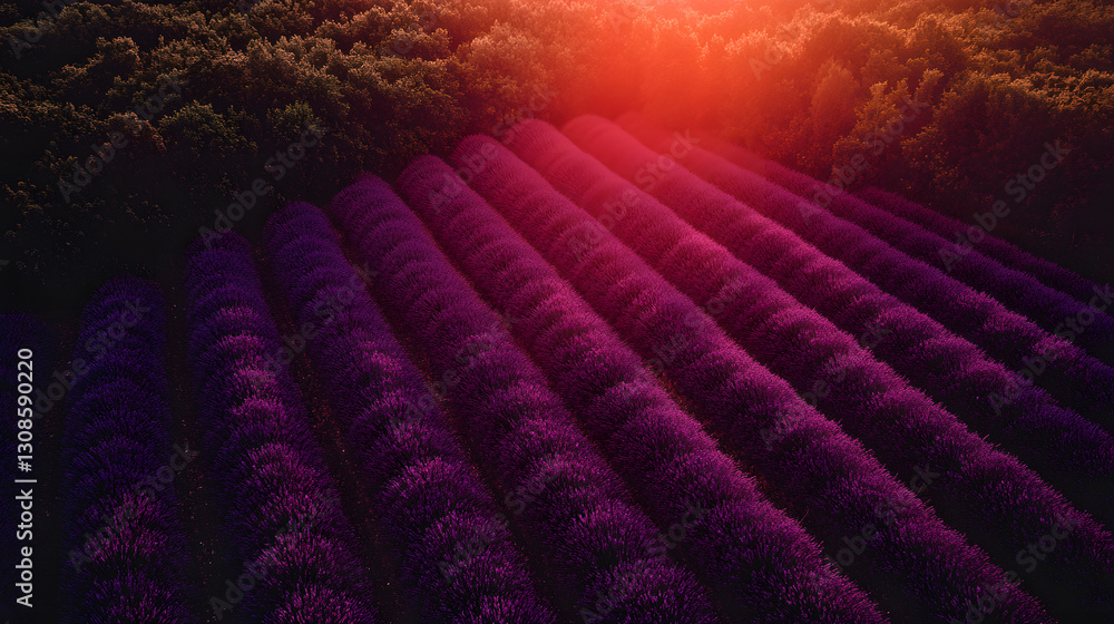 Fototapeta premium Breathtaking lavender field aerial shot at sunset scenic background wallpaper nature's serenity