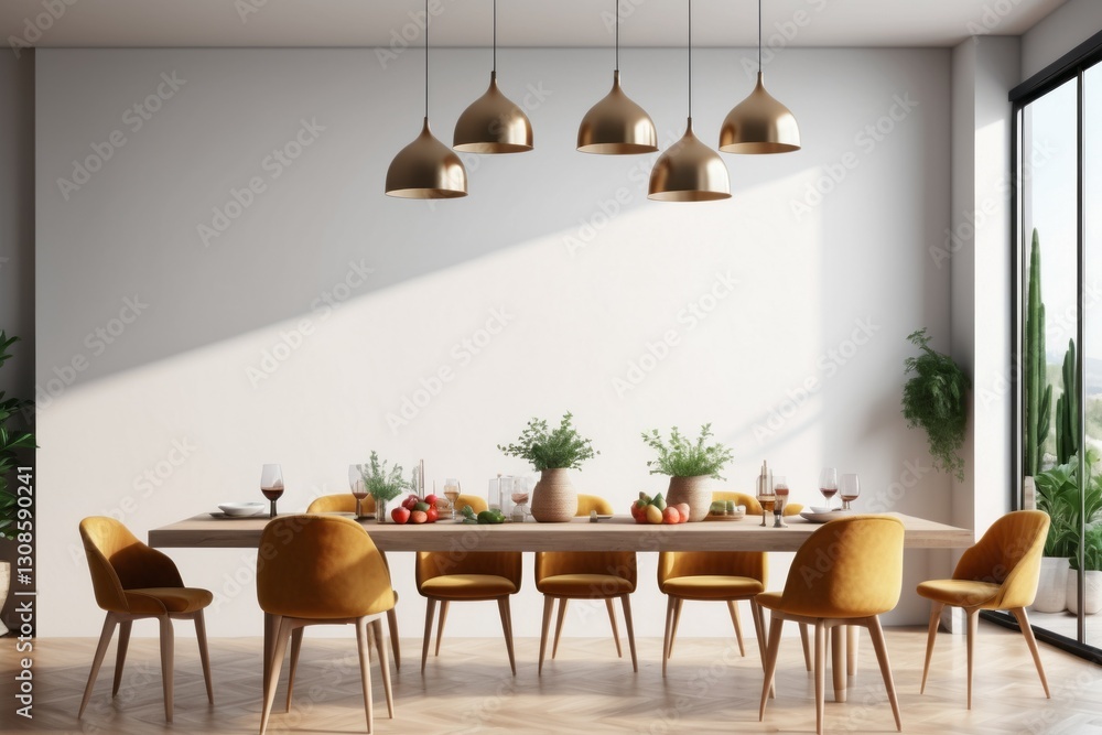 Modern dining room with empty wall for mockup, wooden dining table and chairs in a well-decorated home interior Modern dining room with empty wall for mockup, wooden dining table and chairs in a well-decorated home interior