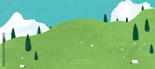 Abstract Green Summer landscape background vector. Nature wallpaper of green field on mountain, flower, blue sky, sheep. Watercolor illustration for cover, banner, wall art, decoration.