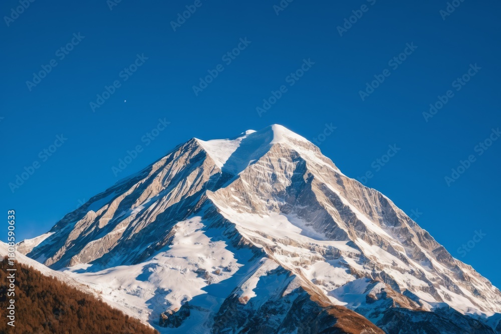Fototapeta premium Snow covered mountains with a clear winter sky and rocky landscape