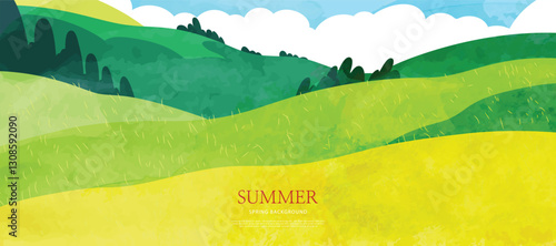 Abstract Green Summer landscape background vector. Nature wallpaper of green field on mountain, flower, blue sky. Watercolor illustration for cover, banner, wall art, decoration.