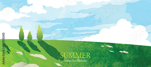Abstract Green Summer landscape background vector. Nature wallpaper of green field on mountain, flower, blue sky, bird. Watercolor illustration for cover, banner, wall art, decoration.