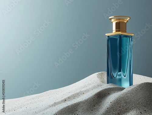 An elegant body oil bottle with gold details standing in the sand on a gray-blue monochromatic background