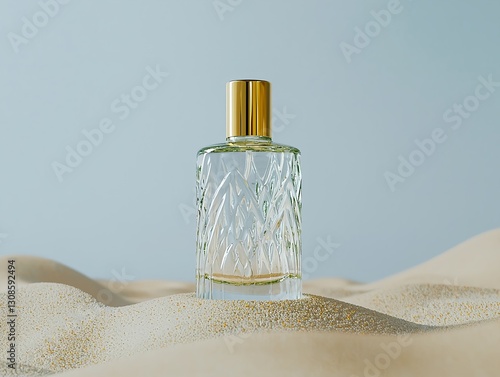 An elegant body oil bottle with gold details standing in the sand on a gray-blue monochromatic background