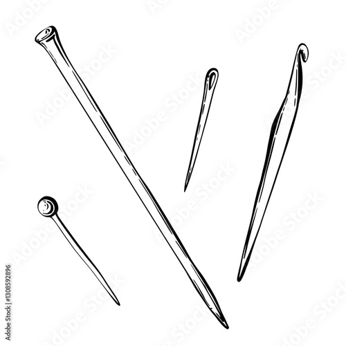 Knitting needle, crochet hook, needle, sewing pin. Needlework, sewing kit vector black line art hand drawn illustration for hobby blogs, labelling, logo, sticker. Clipart isolated from background