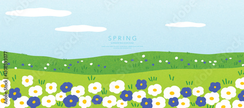 Abstract Green Summer landscape background vector. Nature wallpaper of green field on mountain, flower, blue sky. Watercolor illustration for cover, banner, wall art, decoration.