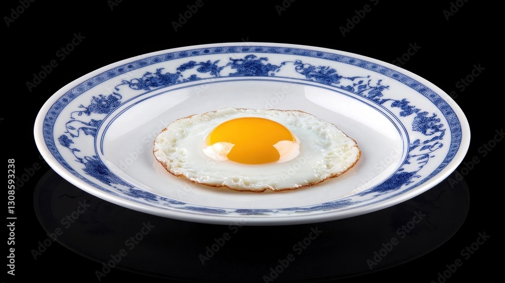 Deliciously fried egg served on a decorative porcelain plate against a contrasting black background, showcasing culinary beauty and simplicity Deliciously fried egg served on a decorative porcelain plate against a contrasting black background, showcasing culinary beauty and simplicity