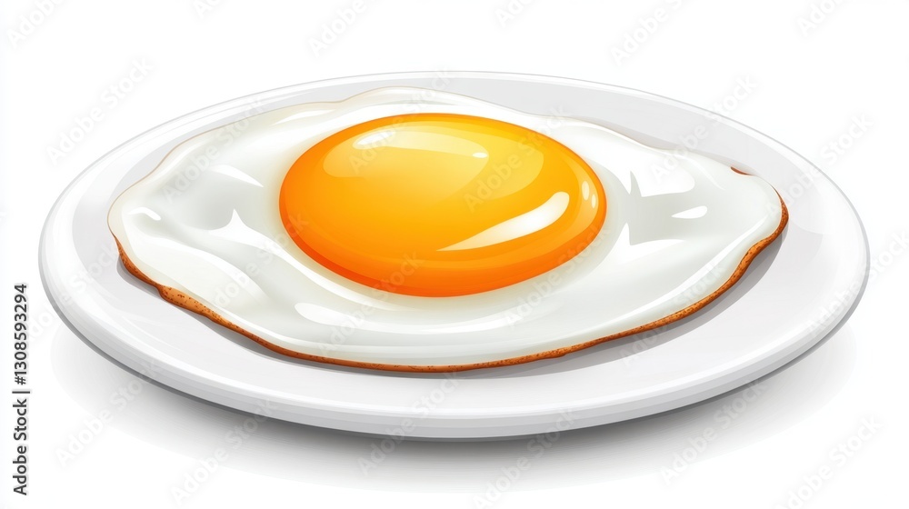 Deliciously Cooked Egg on White Plate Perfect for Breakfast or Culinary Illustrations Featuring Bright Yellow Yolk and Crispy Edges Deliciously Cooked Egg on White Plate Perfect for Breakfast or Culinary Illustrations Featuring Bright Yellow Yolk and Crispy Edges