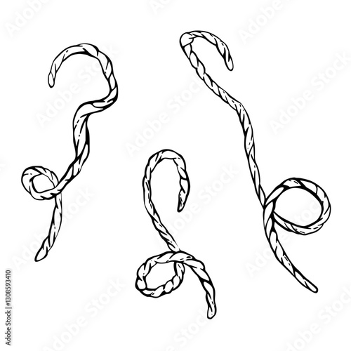 Looped Threads, yarn for needlework, embroidery, knitting set Rope, twine or twisted canvas thread. Black vector line art hand drawing Illustration for hobby knitters product isolated from background 