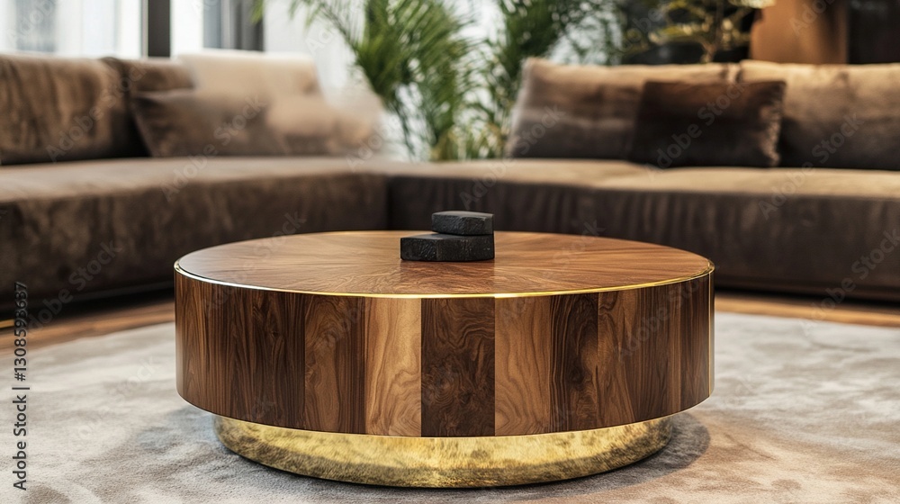 Round wooden coffee table with brass base in living room. Round wooden coffee table with brass base in living room.