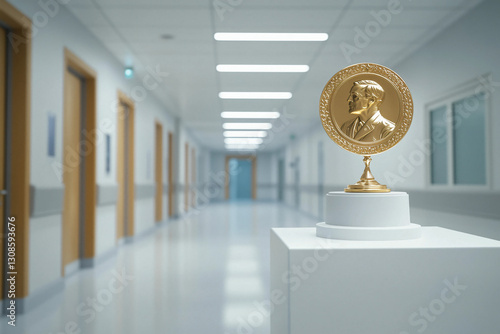 A golden Nobel Prize medal displayed on a pedestal in a modern corridor, symbolizing honor, recognition, and achievement in science and education.