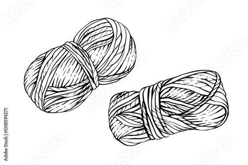 Skeins of knitting thread, balls of yarn. Vector black line art hand drawing illustration. Clipart for handmade product design, packaging for handicrafts, hobby Knitting label isolated from background