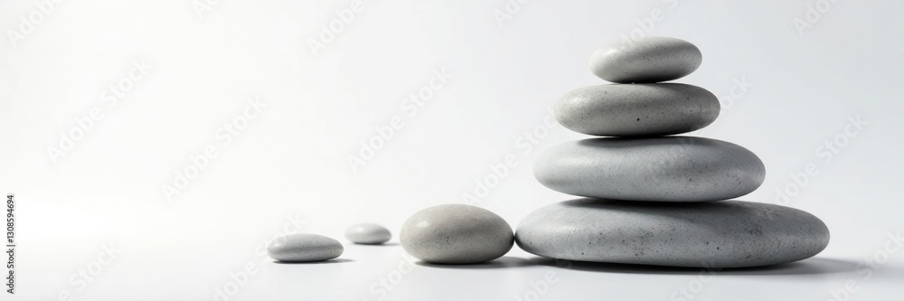 Perfectly balanced stack of smooth grey sea pebbles against white backdrop , grey, sea stones, zen background