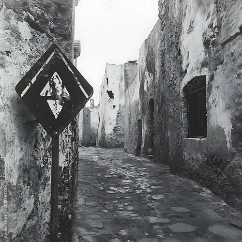 Ruined alleyway, traffic sign photo