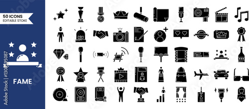 Fame icon set in solid style. Popular, famous, star, singer, actor, actress and more. Vector illustration
