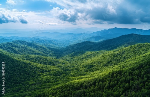 Mountain range vista, lush forests, vibrant colors photo