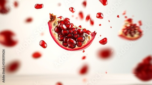 Fototapeta Naklejka Na Ścianę i Meble -  Close up of a red pomegranate with a few seeds falling out of it. Concept of freshness and vitality, as the fruit is in its natural state and not processed or packaged