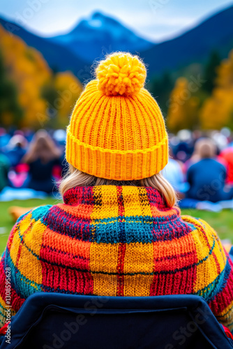 A woman wearing a yellow hat sitting in a chair in front of a crowd photo