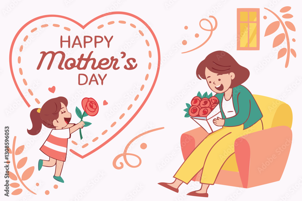 A heartwarming Mother's Day graphic featuring a young girl presenting a single rose to her smiling mother, who sits on a couch holding a bouquet of roses A heartwarming Mother's Day graphic featuring a young girl presenting a single rose to her smiling mother, who sits on a couch holding a bouquet of roses
