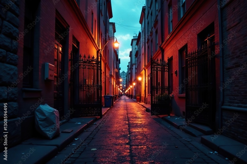 Fototapeta premium Open metal gates, city lights illuminate a littered alley at dusk , rusty, background, litter