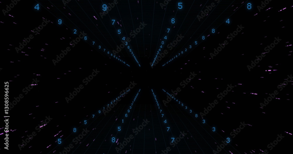 Image of data processing and light trails on black background Image of data processing and light trails on black background
