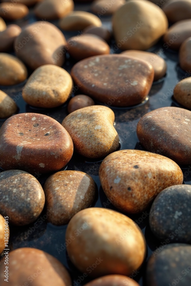 Pile of polished river rocks, shades of brown and beige , nature, shades Pile of polished river rocks, shades of brown and beige , nature, shades