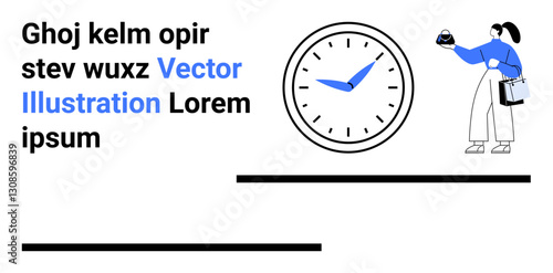 Woman standing with a bag holding an item, large clock in focus, text placeholders, minimalist style. Ideal for time management, schedules, productivity, business, marketing education flat landing