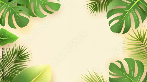 Lush Green Tropical Leaves Frame on Beige Background