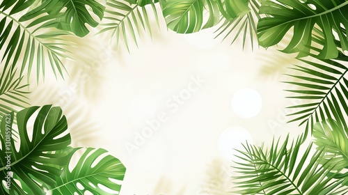 Lush Green Tropical Leaves Frame on Bright Background