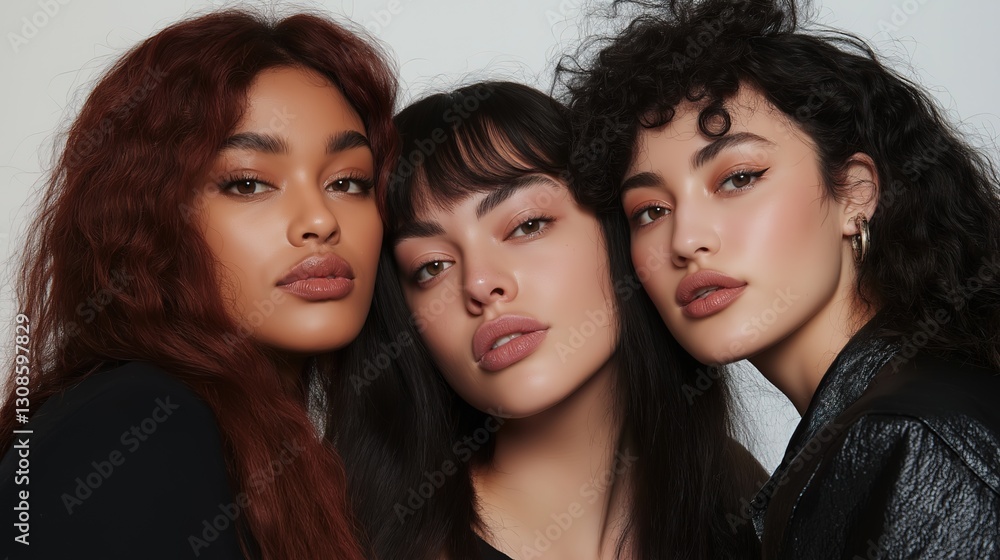 three diverse models with different hair and makeup styles, all looking forward at the camera. They have glossy lips and subtle winged eyeliner eye-lash extensions. The photo is taken against a white three diverse models with different hair and makeup styles, all looking forward at the camera. They have glossy lips and subtle winged eyeliner eye-lash extensions. The photo is taken against a white