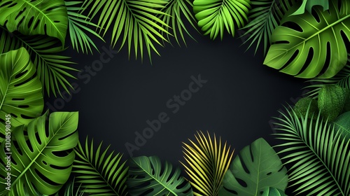 Lush Green Tropical Leaves Frame on Dark Background