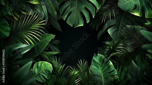 Lush Green Tropical Leaves Frame on Dark Background