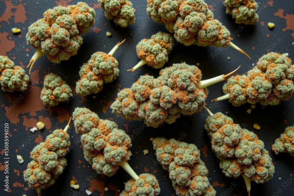 Fototapeta premium Green and Brown Cannabis Buds Displayed on a Dark Surface