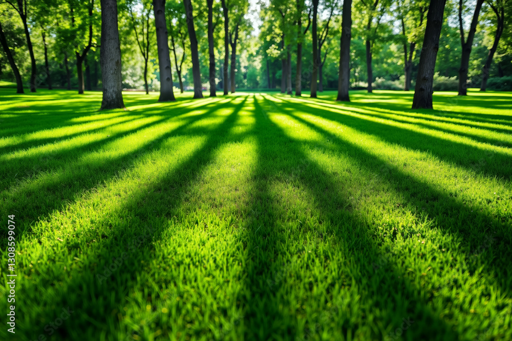 Obraz premium A green grassy field with trees in the background