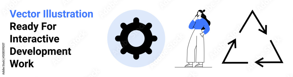 Gear in a circle, person thinking in casual attire, and recycling arrows emphasize innovation, analysis, sustainability. Ideal for business, technology, strategy, teamwork eco-awareness Gear in a circle, person thinking in casual attire, and recycling arrows emphasize innovation, analysis, sustainability. Ideal for business, technology, strategy, teamwork eco-awareness
