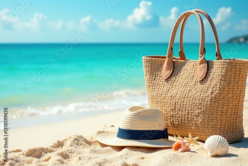 Wallpaper Mural Stylish beach bag, sunglasses, hat, seashells on sandy beach, ocean view, getaway, horizon Torontodigital.ca