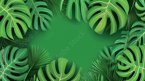 Lush Green Tropical Leaves Frame on Dark Green Background