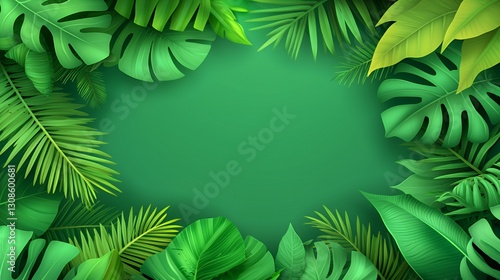 Lush Green Tropical Leaves Frame on Dark Green Background